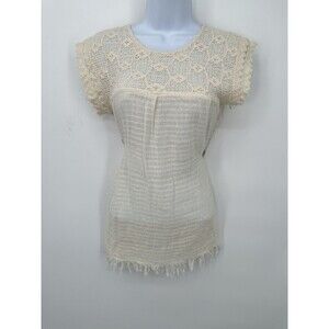 Pre Owned White Hand Made Loomed Blouse small croshet flowers sheer